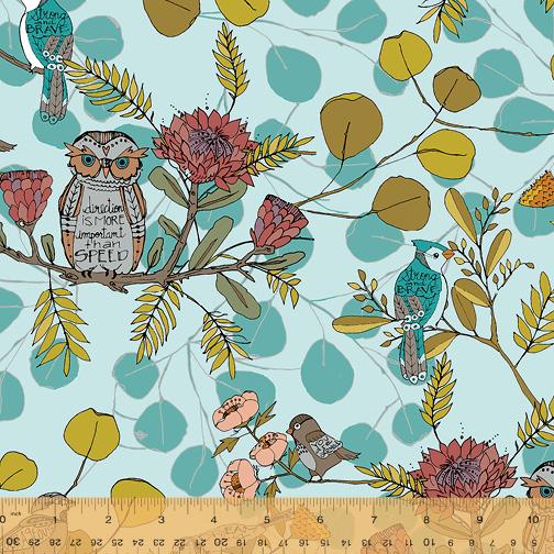 Owls on Light Turquoise w Jay Bird, Flowers, branches, dark teal leaves