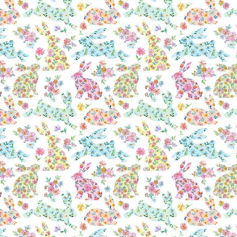 Pastel Floral Bunnies on White