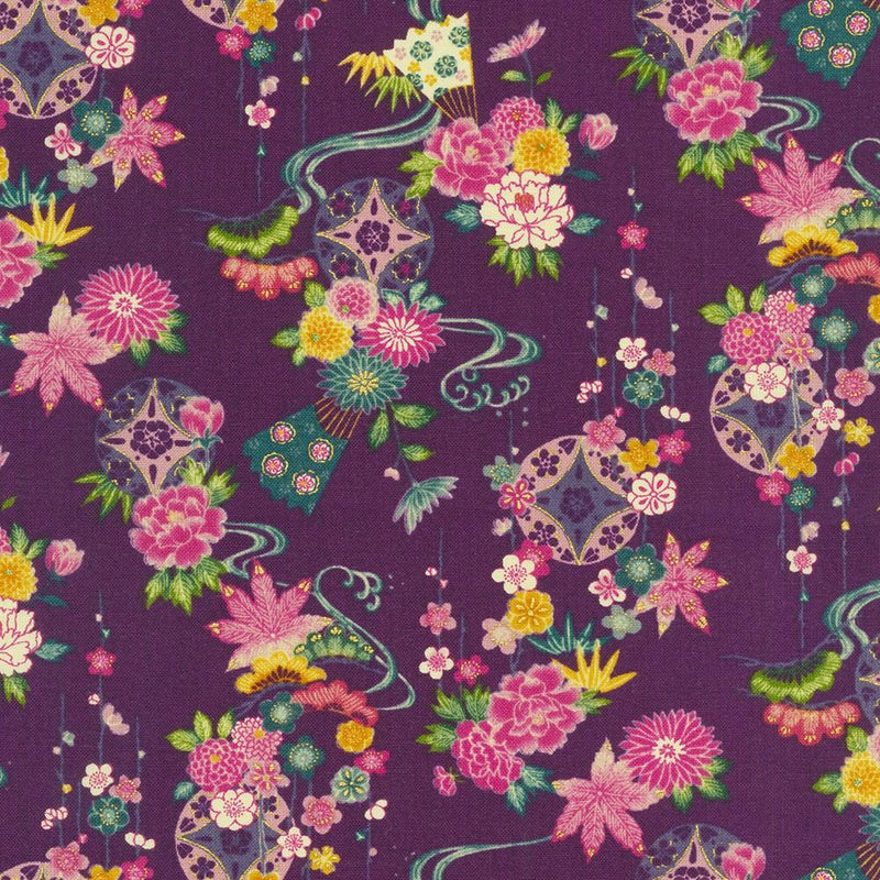 Purple w Pink & Teal Flowers & Fans