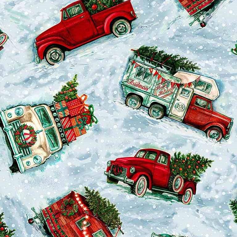 Red Holiday Trucks on Blue