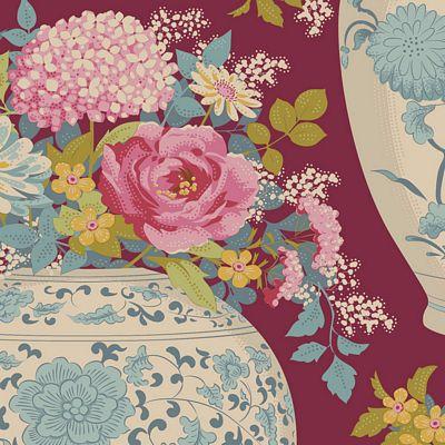 Tilda, Flowervases on Maroon, Large Vases & Flowers in Pastels