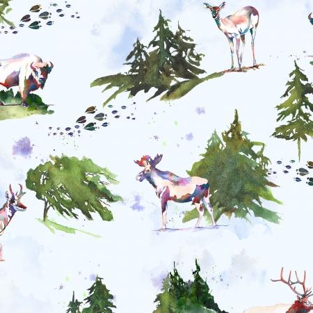 Watercolor Animals & Trees on Blue, Buffalo, Deer, Bear & Elk